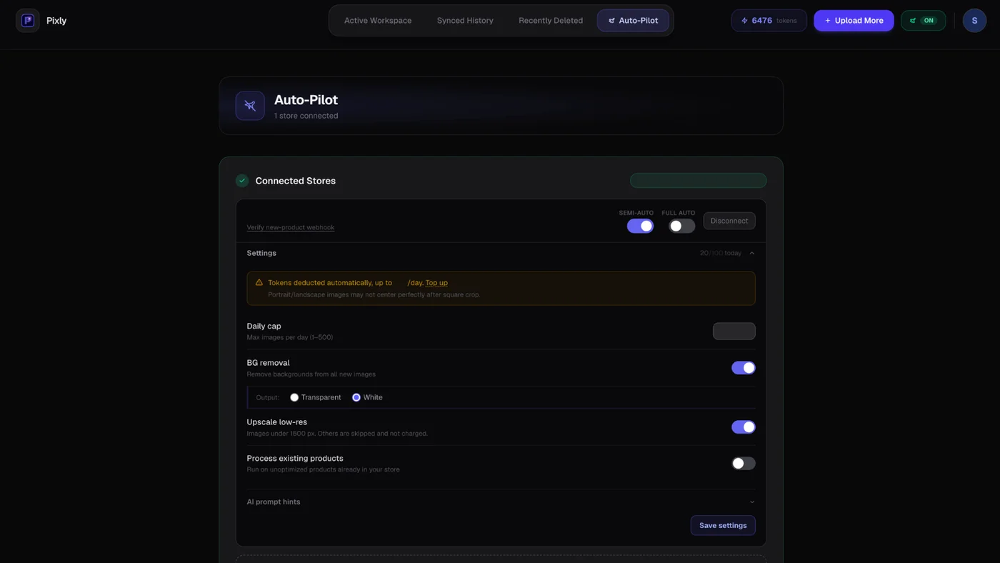 Pixly Auto-Pilot page with Semi-Auto and Full Auto settings for new Shopify products