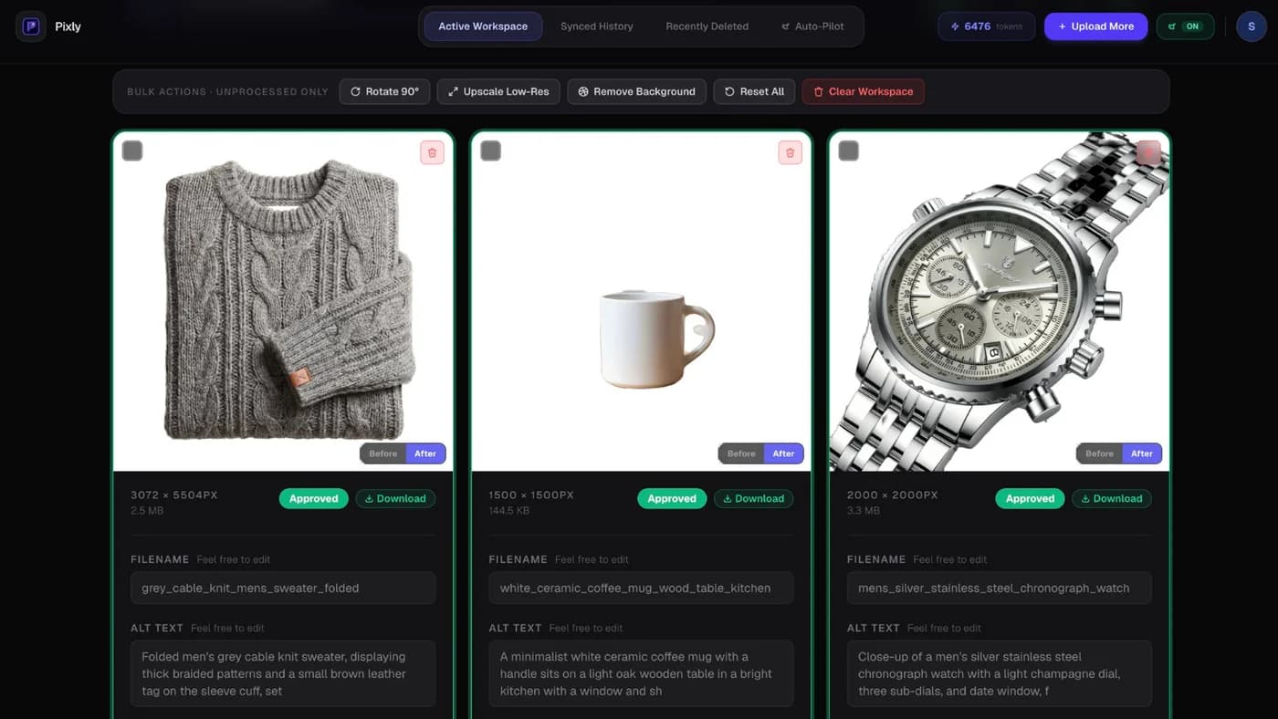 Pixly review screen showing 1:1 square crop, WebP conversion, AI alt text, and SEO filename for a Shopify product image