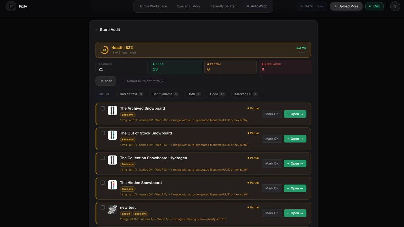 Pixly Store Audit listing Shopify products with missing alt text and image SEO gaps